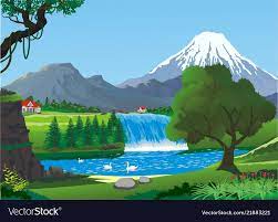 Realistic Landscape Swans On A Mountain Lake Near Vector Image Drawing Competition Mountain Lake Landscape