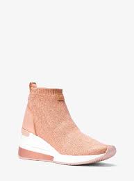 Michael Kors Leather Skyler Metallic Stretch Knit Sock Sneaker In Rose Gold Pink Lyst
