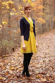 Cute Fall Outfit From Bleu Avenue Yellow Print Dress Navy Cardigan Tights And Brown Oxfords Cute Fall Outfits Navy Dress Outfits Fall Outfits