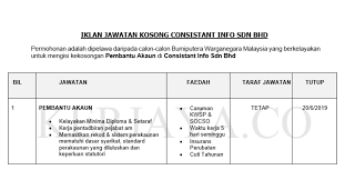 Jawatan kosong guru kpm (kementerian pendidikan malaysia) interim dibuka untuk mereka yang berkelayakkan dan berminat. Jawatan Kosong Terkini Consistant Info Pembantu Akaun Kerja Kosong Kerajaan Swasta
