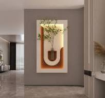 Unbranded 41 in. x 24 in. Light Coffee 3D Art Sculpture Sandstone Wall  Decor with Simulated Greenery, Glass Vase, LED Light Strip CCWP389347