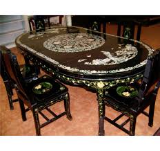 Inlaid & carved chinese rosewood dining set: Vintage Mother Of Pearl Inlay Chinese Dining Table Six Chairs