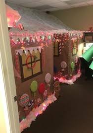 A gingerbread house must be made of gingerbread; Diy Christmas Decorating Office Contest Gingerbread House Cubicles Work Gi Office Christmas Decorations Diy Christmas Light Decorations Door Decorating Contest