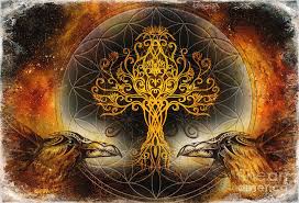 Cosmic landscape, terrain at night, foggy rocks, ground. Pair Of Ravens With Tree Of Life And Sacred Geometry Flower Of Life Symbol Space Background Mixed Media By Jozef Klopacka