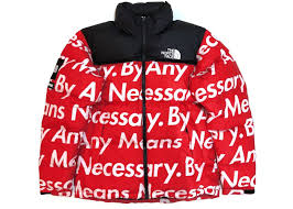 Supreme The North Face By Any Means Nuptse Jacket Red In 2020 Red Jacket The North Face Jackets