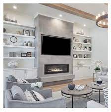 33 Stunning Modern Fireplace Design Ideas With Tv Above Home Decor Ideas Modern Tvs 33 Stun In 2020 Built In Shelves Living Room Fireplace Design Modern Fireplace