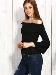 Black Off The Shoulder Bell Sleeve Smocked Peplum Top Shein Eur