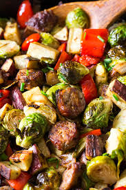 Roast, stirring every 10 minutes, until sausage is browned and cooked through and sprouts are tender and crisped on the outside, about 40 minutes. Sausage Sweet Potato Veggie Skillet Paleo Whole30