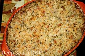 Mix macaroni, mushrooms and rest of ingredients in a 6 cup (1.6 l) buttered casserole. Deep South Dish Seafood And Eggplant Dressing