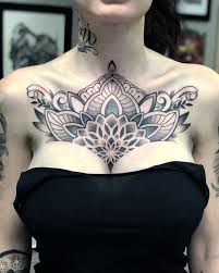 Lovely Mandala Chest Tattoo Mandalatattoo Chestpiecetattoo Dotworktattoo Female Woman Mandala Chest Tattoo Chest Tattoos For Women Chest Tattoo