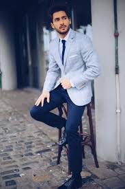 Gray Glen Plaid Blazer With Navy Trousers Black Shoes White Shirt Navy Cotton Tie And A White Pocket Blazer Outfits Men Blue Blazer Outfit Men Men Shirt Style