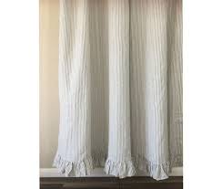Grey And White Striped Shower Curtain With Self Ruffles Curtains Striped Shower Curtains Primitive Bathrooms