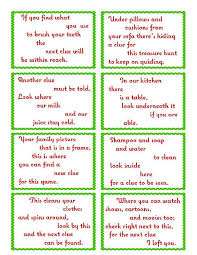 We labeled food and drinks with pirate sounding names and had most of them in easy to serve individual containers. Treasure Hunt Clue Cards Page 1 Elfoutfitters Com Elfoutfitters Free Printable Treasure Hunt Clues Christmas Scavenger Hunt Scavenger Hunt Riddles