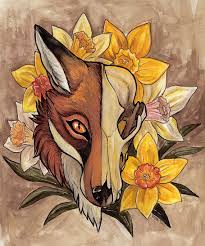 Daffodil Skull Fox Original Framed Art Original Framed Art Art Animal Art