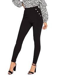 Romwe Womens Casual Button High Waist Zip Skinny Stretch Fit Pants
