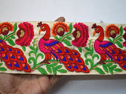 red embroidered decorative indian sari border craft ribbon trim by the yard wholesale trimming sewing trim tape costu peacock design sewing ribbon sewing lace