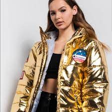 Hood and zipper closure, snaps. Champion Jackets Coats Champion Metallic Gold Puffer Jacket Poshmark