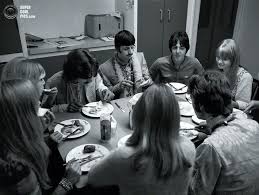 George Harrison Left Ringo Starr Center Paul Mccartney Right And John Lennon Back To Camera At The Din Beatles Girl Beatles Photos Marianne Faithfull