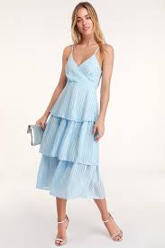Blaine Light Blue Striped Tiered Midi Dress Dresses Lightweight Dress Dress Code Wedding