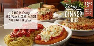 The senior buffet will save you about 50 cents off regular menu prices, but the real savings come from the early bird special, where guests 60 and up can. Olive Garden Early Dinner Duos