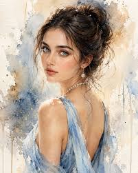 Serene Blue & Gold Elegance Watercolor Portrait