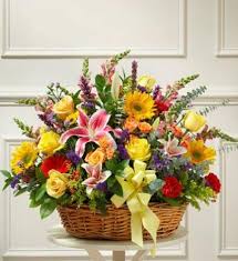 Save 5 15 Everyday On Our 1 800 Flowers Com Bright Flower Sympathy Arrangement In Basket Rea Basket Flower Arrangements Flower Arrangements Sympathy Flowers