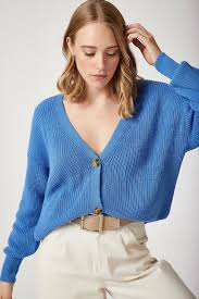 Kadin Orta Mavi V Yakali Dugmeli Triko Hirka Za00025 Happiness Ist Trendyol