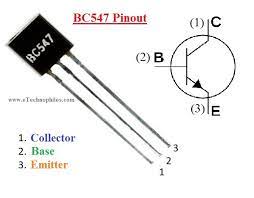 Bc547 transistor pinout or pin diagram has three pins, starting from left: Bc547 Transistor Pinout Specs Datasheet Equivalent And Uses