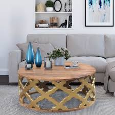 There are minor scuffs, scrapes and wear to the as found finish. Kenora Cylindrical Lattice Pattern Golden Base Round Coffee Table