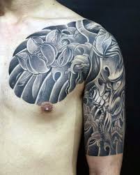 Black And Grey Flower Half Sleeve Tattoos Shaded Black And Grey Guys Flower Demon Mask Half Sleeve And Chest Japanese Tattoos Japanese Flower Tattoo Tattoo Designs Men Floral Tattoo Sleeve