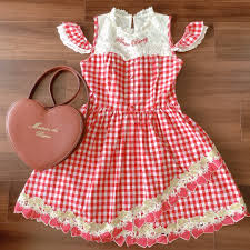 Liz Lisa Strawberry Red Gingham Check Off Shoulder Dress Concherish