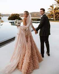 30 Color Wedding Dresses That Are Positively Perfect For Fall Brides Ruffled Off White Wedding Dresses Pink Wedding Dresses Wedding Dress Champagne