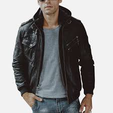 Men S Black Bomber Leather Jacket With Hood The Leather Jacketer In 2020 Black Leather Jacket Men Leather Jacket Men Leather Jacket Outfit Men