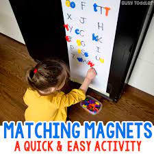 A refrigerator magnet or fridge magnet is a small magnet, often attached to an artistic or whimsical ornament, which may be used to post items such as shopping lists, child art or reminders on a refrigerator door, or which simply serves as decoration. Fridge Magnet Matching Alphabet Activity Busy Toddler