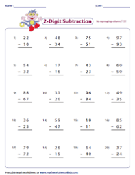 The no regrouping option may be switched off on these subtraction worksheets if some regrouping is desired. 2 Digit Subtraction Worksheets Subtraction Within 100