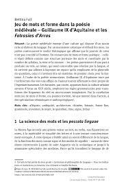 Récurrence du terme « devoir » + terme « bienséance » elle n'a pas le choix, elle doit rester fidèle à la mémoire de son époux et à la promesse faite à sa mère. Pdf Jeu De Mots Et Forme Dans La Poesie Medievale Guillaume Ix D Aquitaine Et Les Fatrasies D Arras Langue S Discours Et Litterature