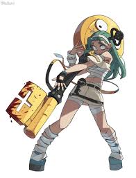 mr plagu3, a.b.a, paracelsus (guilty gear), guilty gear, guilty gear strive,  absurdres, highres, 1girl, bags under eyes, bandaged chest, bandages,  blood, fingerless gloves, gloves, green eyes, green hair, key, key in head,  object through head, solo, stitched ...