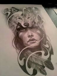 Indian Woman Face With Wolf Tattoo Design Dibujos Tatuajes De Lobos Artistas