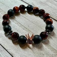 Men's Onyx and Red Tiger's Eye Crown Bracelet