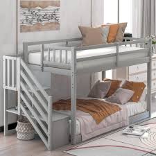 Lax series storage platform bed. Twin Over Twin Floor Bunk Bed With Stairs And Storage Shelves Baysitone Wood Low Bunk Bed Frame With Ladder And Guardrails Easy To Assemble No Box Spring Required Gray