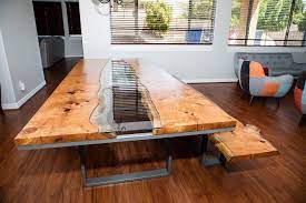 Silky Oak Live Edge River Table With Glass Inlay Bookmatched Urban Reclaimed Wood Slabs Used T Live Edge Dining Table Slab Table Live Edge Live Edge Furniture