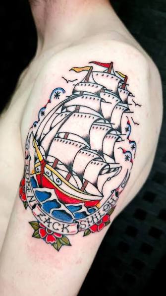 ⛵️ Old school Ship ⛵️, @mike.lopez_tattoo is delighted to make these types of designs. If you are interested in a traditional design or have any ideas, send me a DM, Done by @mike.lopez_tattoo , ., ., ...