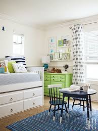 This boy's room decor features calming shades of blue, gray, and white, with small doses of bright green. Bedrooms Just For Boys Better Homes Gardens