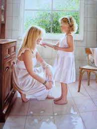Proudly made in the usa, our stretched canvas, framed giclée and wall plaques are created with only the highest standards. Figurative Watercolor Painting Of A Mother And Daughter In White Dress Spending Time Together In The Bathroom By Doris Joa Special Moments Watercolor Oil Paintings Of Roses And Flowers