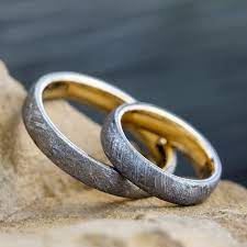 Meteorite Wedding Band Set 14k Yellow Gold Matching Rings 3623 In 2021 Meteorite Wedding Band Meteorite Wedding Band Set Mens Wedding Bands Unique