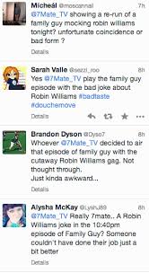 Check spelling or type a new query. Seven Dismisses Airing Of Family Guy Episode With Robin Williams Unfunny Gag Last Night As Coincidence Mumbrella