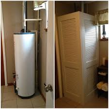 It may also be hidden behind a removable metal. How To Hide Exposed Water Heater Quick Fix With Louvered Doors Hinged Together Laundry Room Closet Laundry Mud Room Apartment Laundry Room