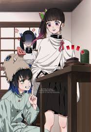 0702 yuwina, hashibira inosuke, kanzaki aoi (kimetsu no yaiba), tsuyuri  kanao, kimetsu no yaiba, highres, 1boy, 2girls, anger vein, animal mask,  black hair, black skirt, blue hair, butterfly hairpiece, finger to mouth,