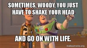 Sometimes Woody You Just Have To Shake Your Head And Go On With Life Buzz And Woody Toy Story Meme Make A Meme