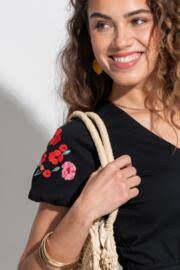 Bella Embroidered Sleeve Cotton Slub Jersey Tea Dress in Black/Pink